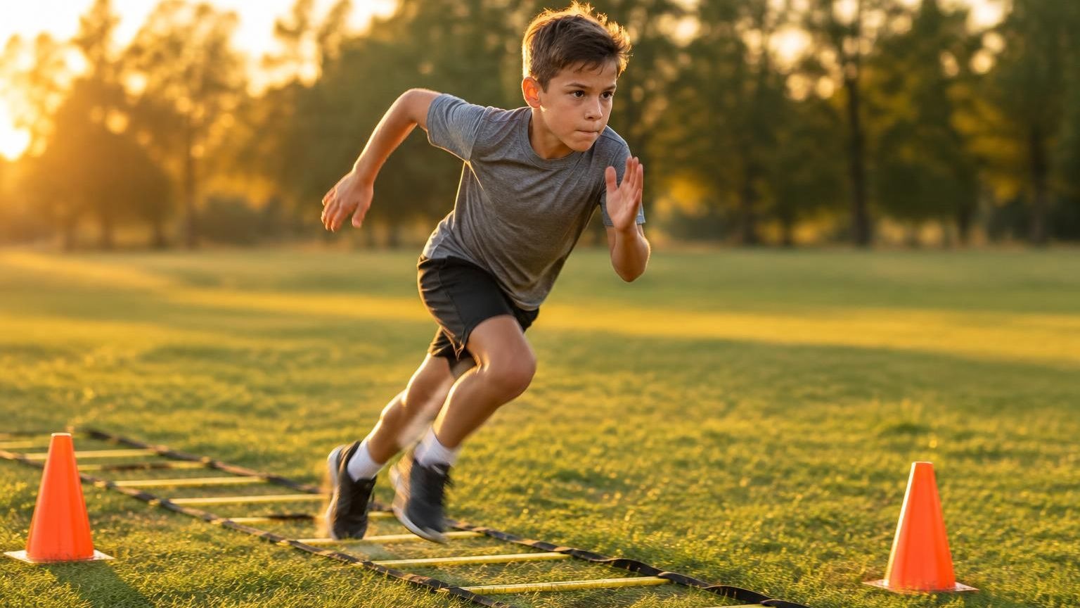 A young ballplayer driving through an agility ladder between two cones on the grass in late-afternoon light
