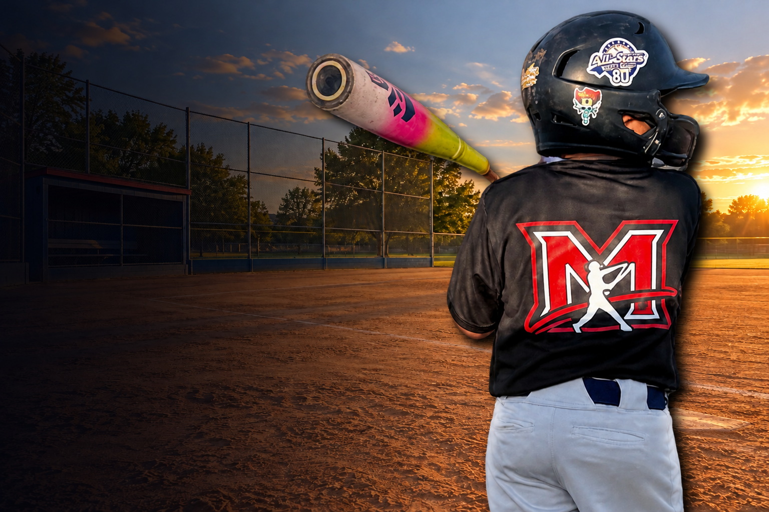 A 9U player in the black Martinez jersey with the red M and a batting helmet, bat over his shoulder, on the field in golden-hour light
