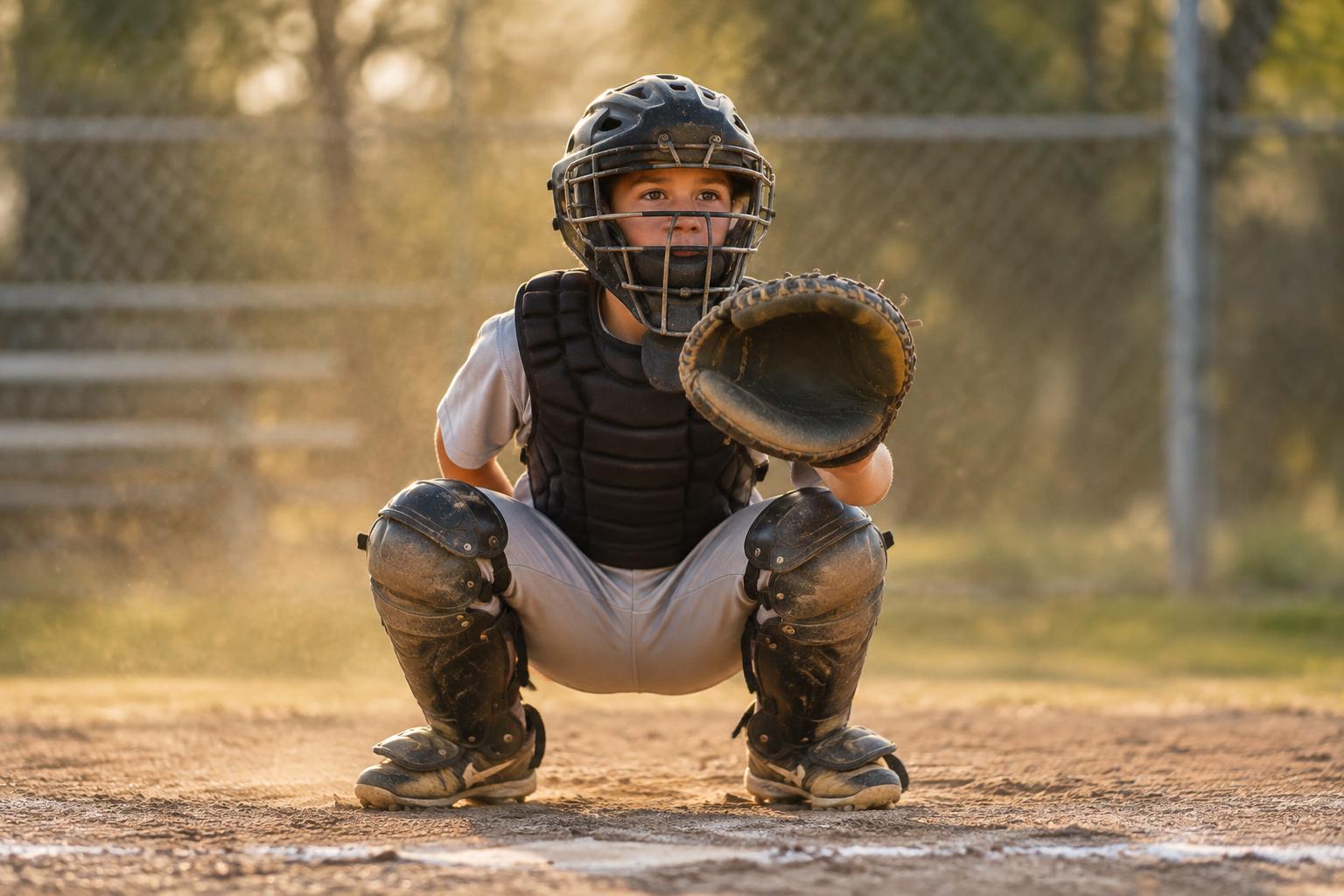 A young catcher in full gear crouched behind home plate with his mitt up