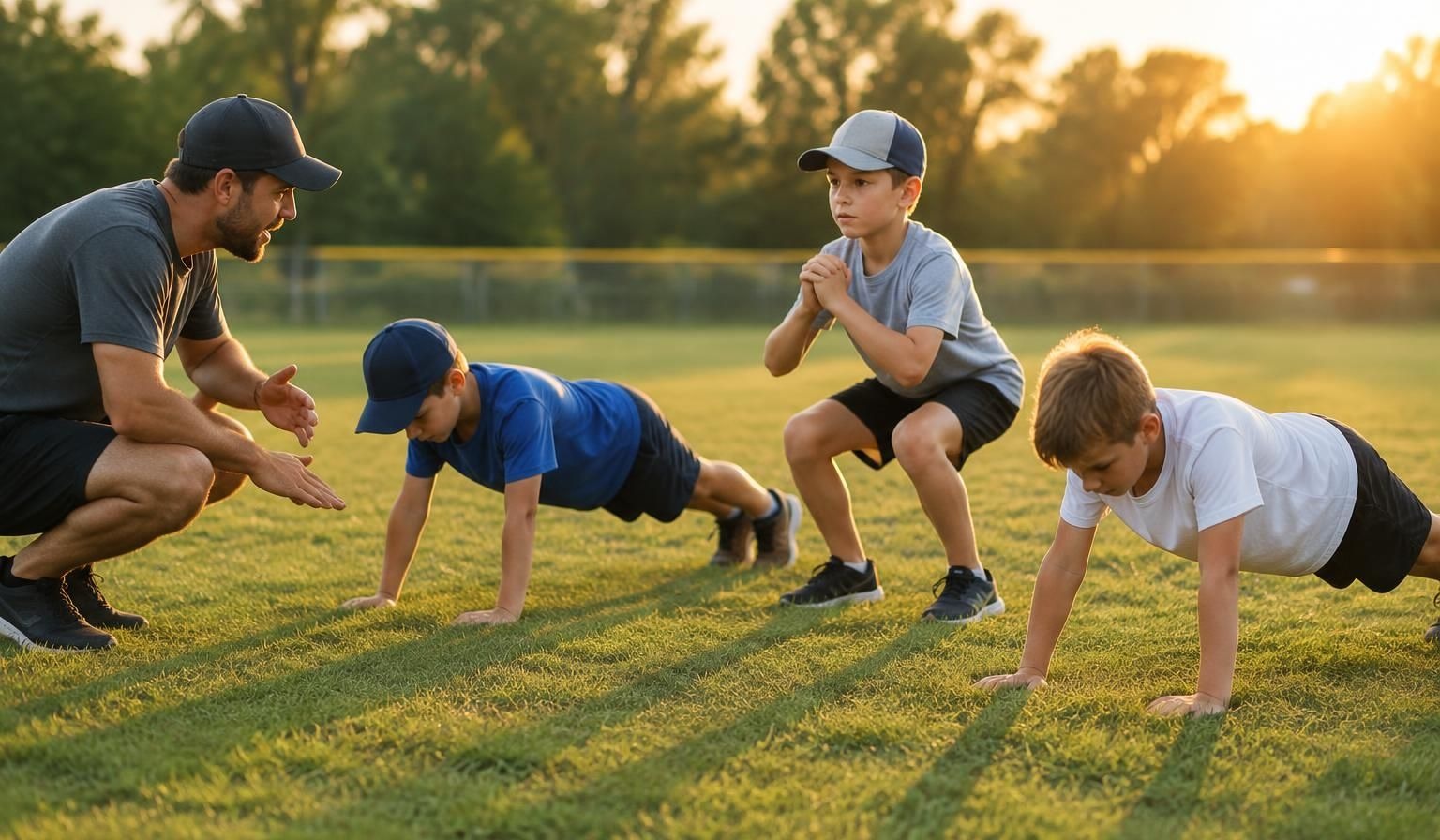 A coach crouched beside three young ballplayers doing bodyweight strength work on the grass