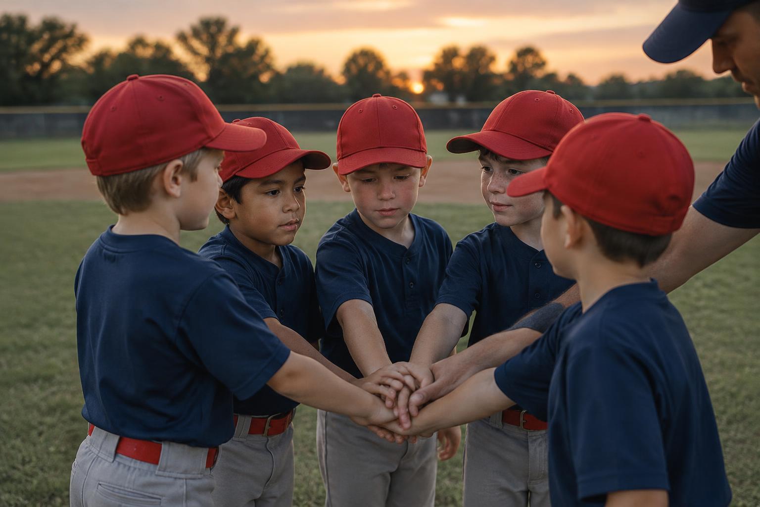 A youth baseball team in a tight huddle with hands stacked at dusk